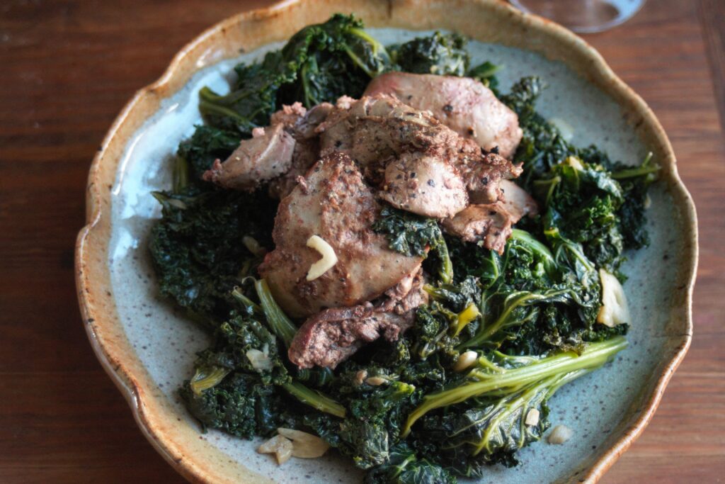 Pan-Fried Liver with Garlicky Kale