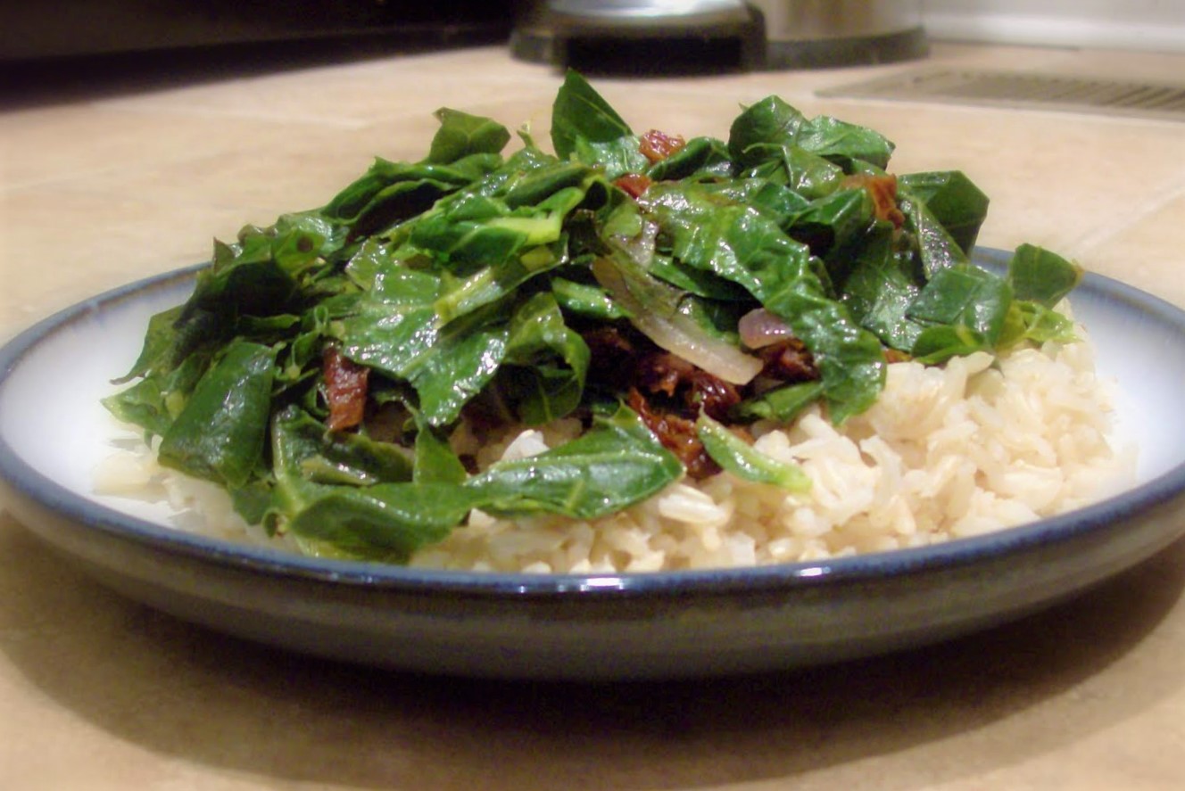 Simple Collards with Sun-Dried Tomatoes Over Rice
